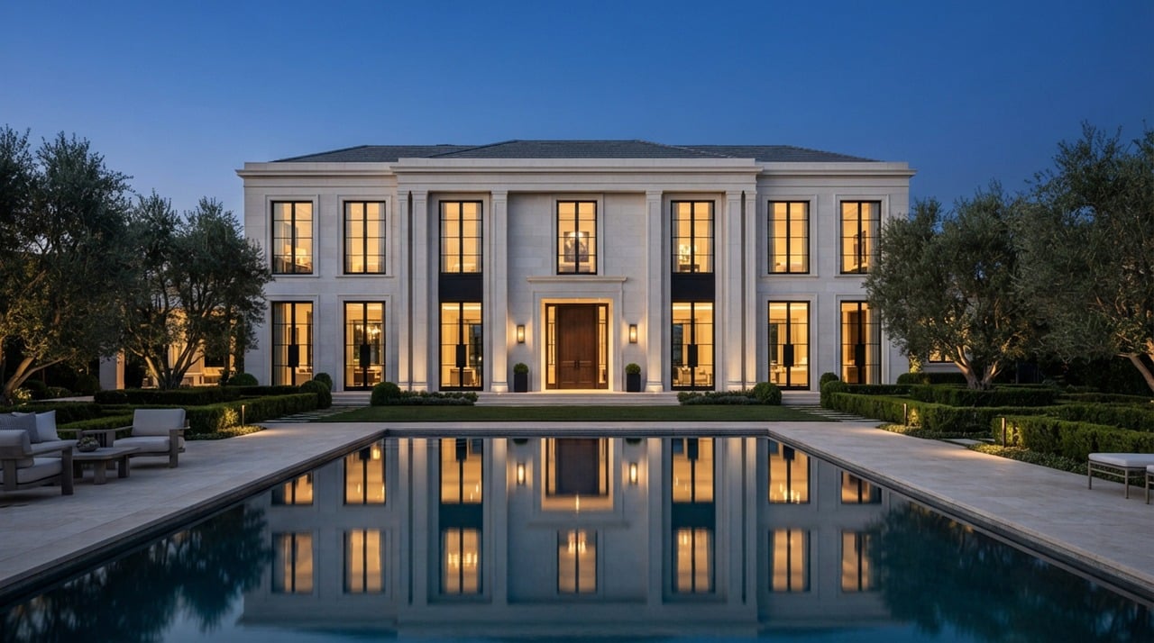 A grand villa glowing at twilight, reflected in a still pool